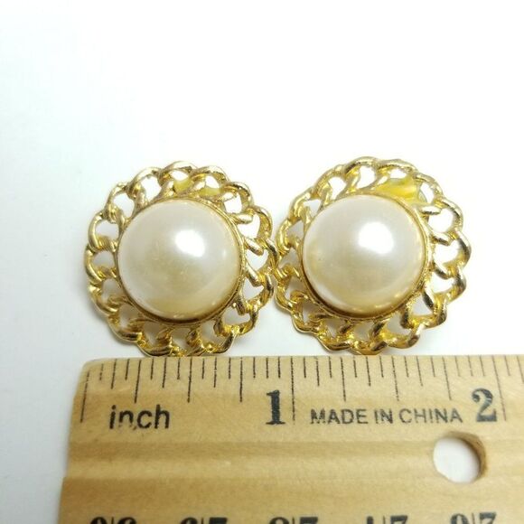 Vintage Gold Tone and Faux Pearl Stud Earrings, Retro 80s Design, Estate - Picture 4 of 5